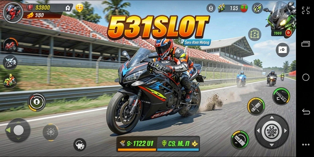 Screenshot utama 531SLOT menampilkan aksi balapan motor yang mendebarkan.