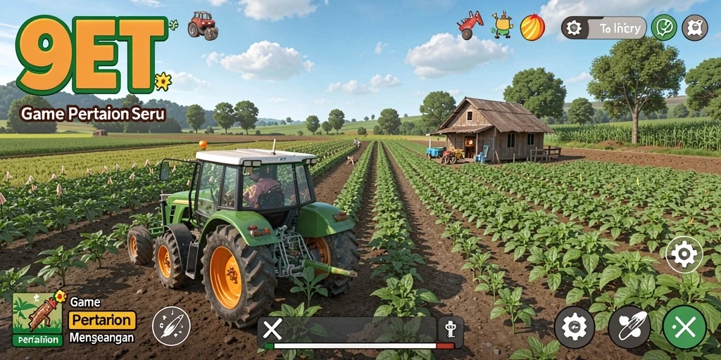 Tampilan gameplay 9ET dengan kebun yang cantik dan hewan peliharaan aktif.