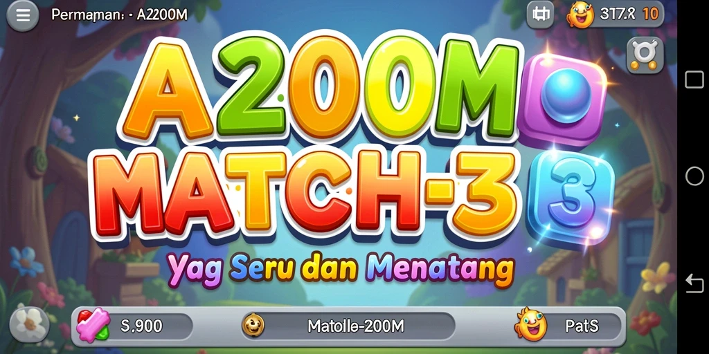 Screenshot A200M menampilkan gameplay Match-3 yang penuh warna.
