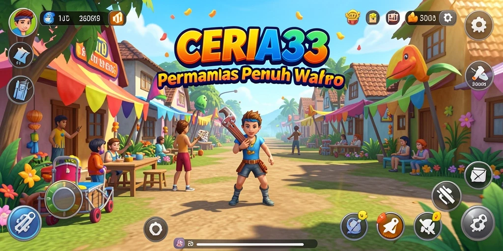 Screenshot gameplay CERIA33 menampilkan dunia simulasi yang berwarna-warni.