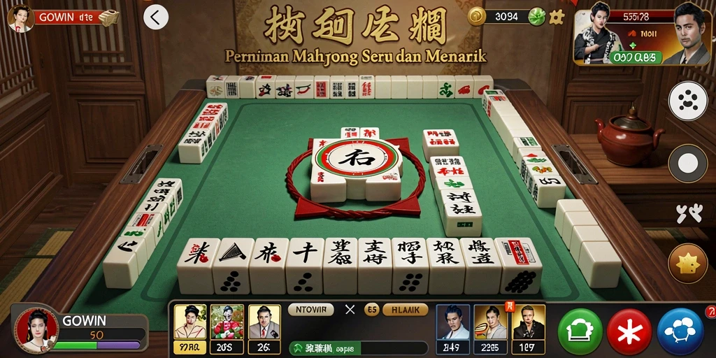 Tampilan gameplay GOWIN dengan ubin Mahjong yang berwarna-warni.