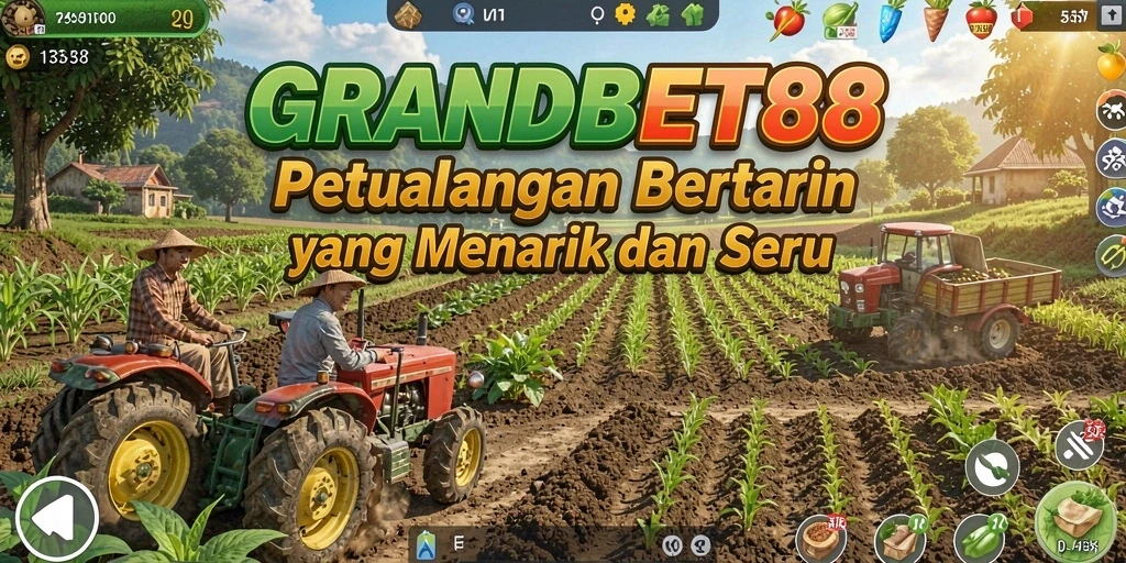 Tangkapan layar gameplay <strong>GRANDBET88</strong> menunjukkan pertanian yang subur dan aktif.