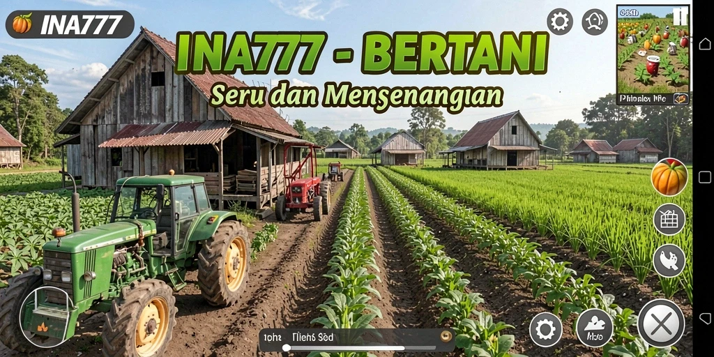 Tampilan gameplay <strong>INA777</strong> yang menampilkan ladang yang subur dan hewan ternak