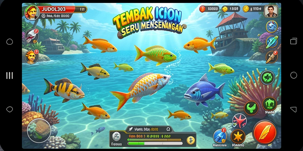 Screenshot menunjukkan aksi menembak ikan di JUDOL303 yang penuh warna.