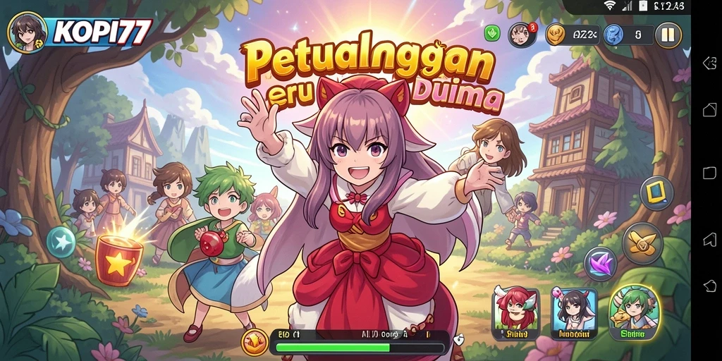 Tampilan gameplay KOPI77 yang menampilkan karakter anime beraksi.