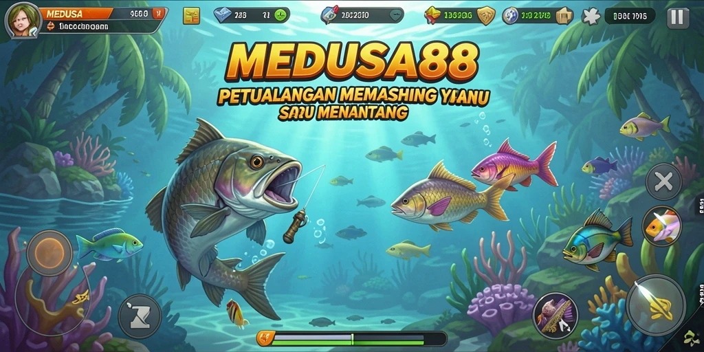 Tampilan gameplay <strong>MEDUSA88</strong> yang penuh warna dan dinamis saat memancing.