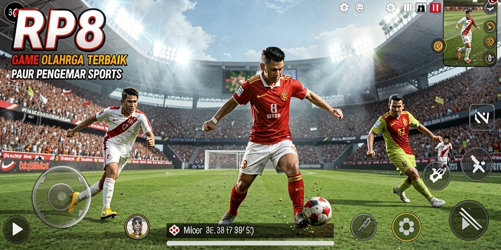 Screenshot utama RP8 menampilkan aksi seru pertandingan olahraga.