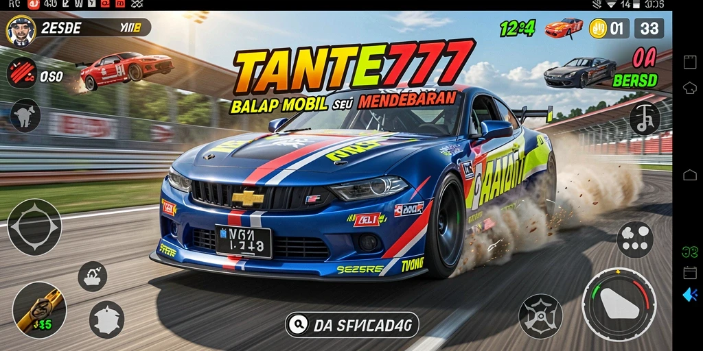 Tangkapan layar gameplay TANTE777 menampilkan adrenalin balap mobil yang mendebarkan.